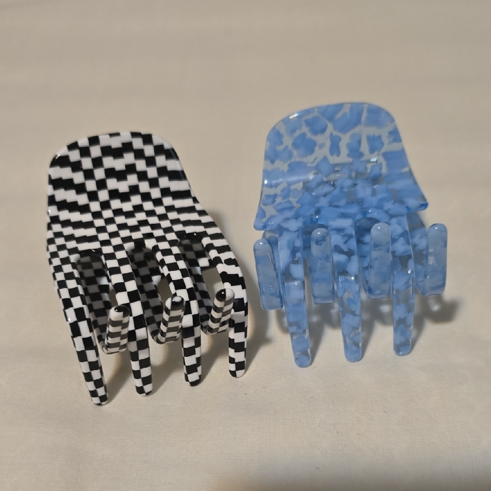 Checkered and Blue Hair Claw Clips